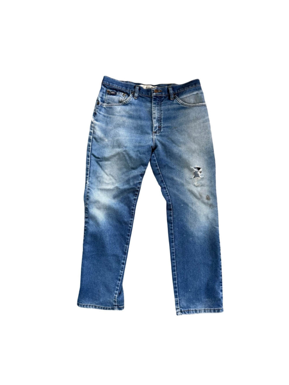 Vintage Lee Regular Fit Straight Leg Jeans 34x30 Distressed Blue Denim